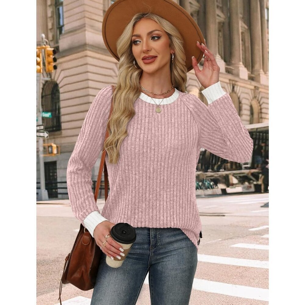 Women's 04-Pink Long Sleeve Sweaters Shirts Lightweight Block Outfit Clothing - Picture 4 of 5